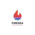 Fire sunset in ocean horizon logo design. flame symbol with water shadow vector illustration