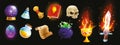 Magic game icon set, vector witch fantasy UI element, iron wizard cauldron, old spell book, potion.
