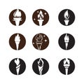 Fire torch with flame flat icons set. Collection of symbol flaming, illustration Royalty Free Stock Photo