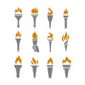 Fire torch with flame flat icons set
