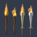 Fire torch. Realistic flame torches olympic bonfire vector illustrations