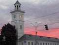 Fire tower against the backdrop of scarlet dawn. photo