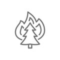 Fire on tree, wildfire line icon.