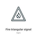 Fire triangular signal outline vector icon. Thin line black fire triangular signal icon, flat vector simple element illustration