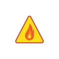 Fire triangular warning sign flat icon