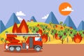 Fire truck at burning vineyard, wildfire disaster emergency situation, vector illustration