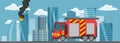 Fire truck on city town lanscape in flat style. Fire engine. Emergency fire vehicle template. Red transportation for Royalty Free Stock Photo