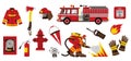 Fire truck with equipment. Firefighter characters with red rescue transport extinguisher hydrant bucket, fireman