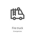 fire truck icon vector from emergencies collection. Thin line fire truck outline icon vector illustration. Linear symbol for use