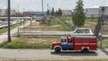 Fire truck in industrial plant. A large red fire rescue vehicle in the chemistry refinary plant. Fire safety concept Royalty Free Stock Photo