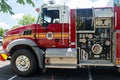 Fire truck from the Leesburg Virginia Fire and Rescue Service. on duty in the suburbs