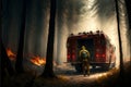 A fire truck in the middle of a fire in the forest, a firefighter. GENERATIVE AI Royalty Free Stock Photo