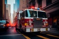 Fire Truck in New york. Firefighters Rescue after Fire Alarm went off at building.