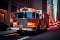 Fire Truck in New york. Firefighters Rescue after Fire Alarm went off at building.