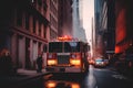 Fire Truck in New york. Firefighters Rescue after Fire Alarm went off at building.