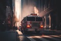 Fire Truck in New york. Firefighters Rescue after Fire Alarm went off at building.