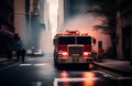 Fire Truck in New york. Firefighters Rescue after Fire Alarm went off at building.