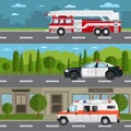 Fire truck, police and ambulance car on highway Royalty Free Stock Photo