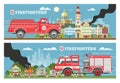 Fire truck rescue engine transportation, firefighter emergency cars in cityspace buldings banners set vector