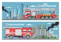 Fire truck rescue engine transportation, firefighter emergency cars in cityspace buldings banners set vector