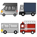 fire truck, sedan and bus icon graphic illustration