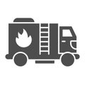 Fire truck solid icon, Public transport concept, firefighter truck sign on white background, fire engine icon in glyph