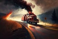 fire truck speeding down winding road, with smoke and flames visible in the background Royalty Free Stock Photo