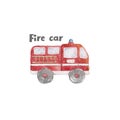 Fire truck Watercolor cute set of fire engine cartoon colorful illustration on white background. Red rescue color. Baby clip art Royalty Free Stock Photo