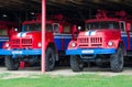 Fire trucks at fire and chemical station in exclusion zone of Chernobyl nuclear power plant, Gomel region, Belarus
