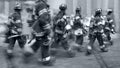 Fire trucks and firefighters brigade in the city in monochrome blue tonality