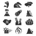 Fire, tsunami, snow, storm, thunder, tornado, hurricane, earthquake disaster vector icons Royalty Free Stock Photo