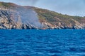 Fire on Turkish yacht in the Mediterranean Sea. The yacht is all on fire. The far plan. Oludeniz,Fethiye,Mugla,Turkey