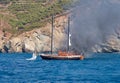 Fire on Turkish yacht in the Mediterranean Sea. The yacht is all on fire. Close-up. Oludeniz,Fethiye,Mugla,Turkey