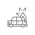 Fire under hood of car, automobile broke down, accident line icon.