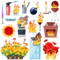 Fire vector fired house with burnt door fiery smoky kitchen in hot flame blaze illustration set of lighter and fireplace Royalty Free Stock Photo