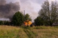 A fire in the village. Burning wooden houses in the village of Rantsevo, Tver region. Royalty Free Stock Photo