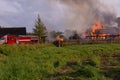 A fire in the village. Burning wooden houses in the village of Rantsevo, Tver region. Royalty Free Stock Photo