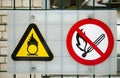 Fire warning signs compressed oxygen gas cylinders Royalty Free Stock Photo