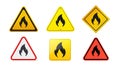 Fire warning signs. Hazard icon in yellow triangle . Flammable, inflammable substances icon. Vector illustration Royalty Free Stock Photo