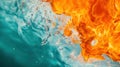 Fire and water clash, creating dynamic contrast and movement