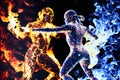 Fire and water in the form of fighting people. Yin Yang symbol. Neural network AI generated Royalty Free Stock Photo