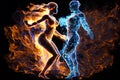 Fire and water in the form of fighting people. Yin Yang symbol. Neural network AI generated Royalty Free Stock Photo