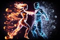 Fire and water in the form of fighting people. Yin Yang symbol. Neural network AI generated Royalty Free Stock Photo