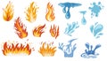 Fire and water set. Flames of different shapes. Different Water Drops. Vector cartoon illustration isolated on the white Royalty Free Stock Photo