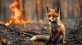 The small fox sits pensively in front of a fire, the surrounding forest a stark contrast with its blackened trees.Environmental Royalty Free Stock Photo