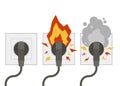 Fire wiring. Electric circuit of cable with fire, smoke, sparks. Set of sockets with cords. Socket and plug on fire from