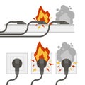 Fire wiring. Electric circuit of cable with fire, smoke, sparks. Set of sockets with cords. Socket and plug on fire from overload