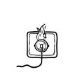 Fire wiring. Socket and plug on fire from overload. Electrical safety concept. Short circuit electrical circuit. Broken electrical