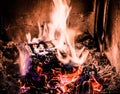 Retro Glow: Fire and Wood Log Burning in Old Oven with Glowing Embers (Close-Up) Royalty Free Stock Photo