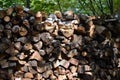 Fire wood stack on sunny day cut wood pattern Royalty Free Stock Photo